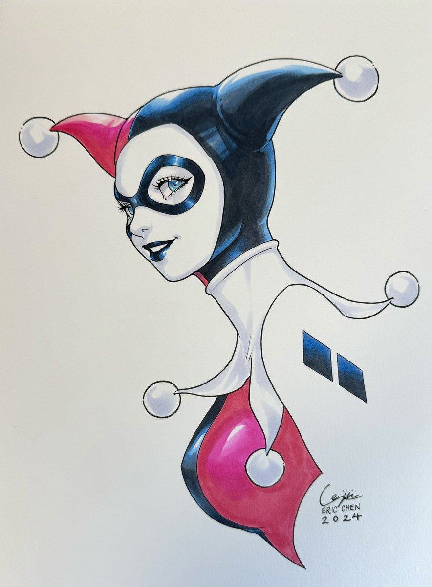 Quick Harley Quinn sketch! This was drawn during and given away to a viewer of the stream today by lucky draw ☺️ Copic markers and ink on 9x12 Bristol