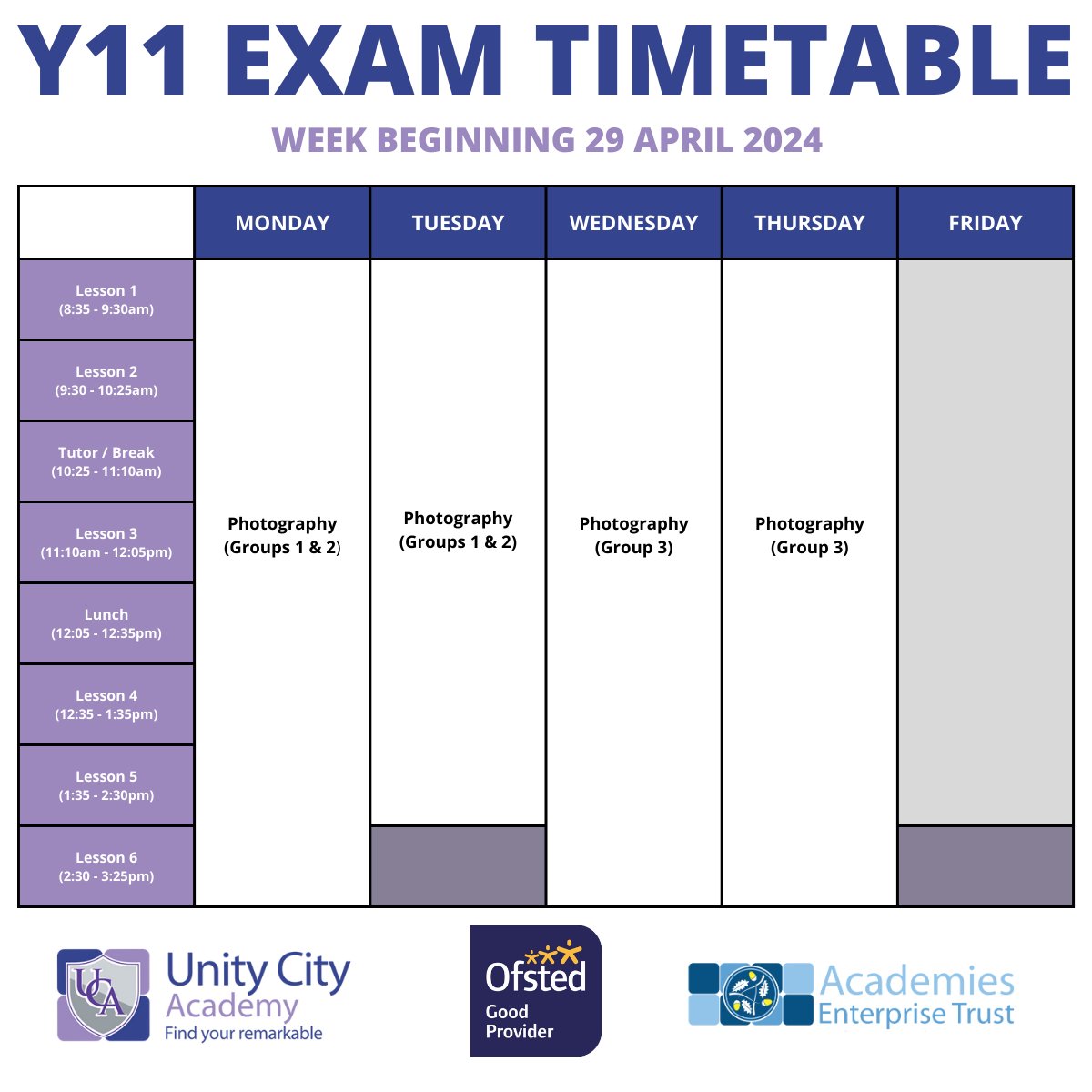 Please find below the timetable for this week's GCSE exams for Year 11.

We  know both our students (& staff!) have been working extra hard to  prepare for this exam period - and we know their hard work will pay off!

Good luck!

#oneaet #gcses