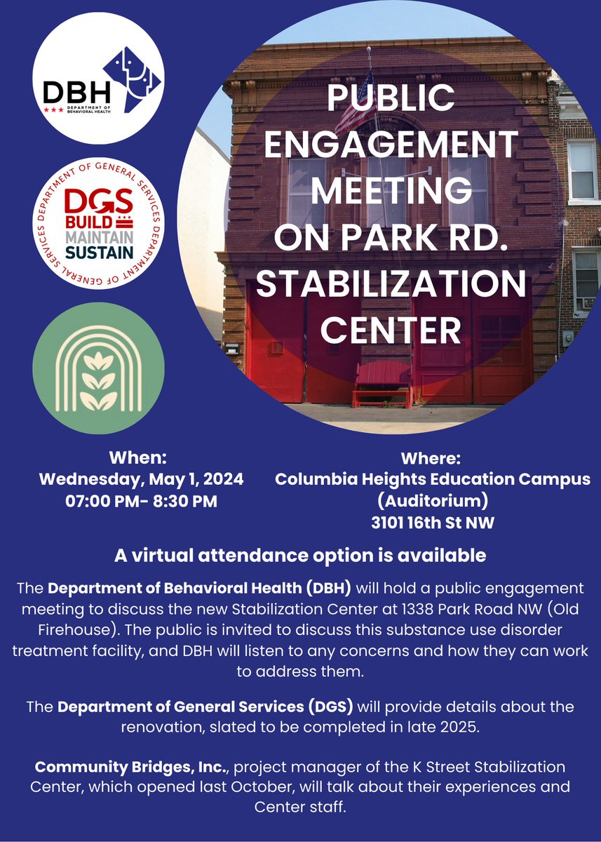 @DBHRecoversDC invites you to a public meeting on Wednesday, May 1, 2024, at 7:00–8:30 p.m. to discuss the proposed Stabilization Center at 1338 Park Road NW (Old Firehouse). A virtual option is available at dcnet.webex.com/dcnet/j.php?MT…. More details can be found below. (1/4)