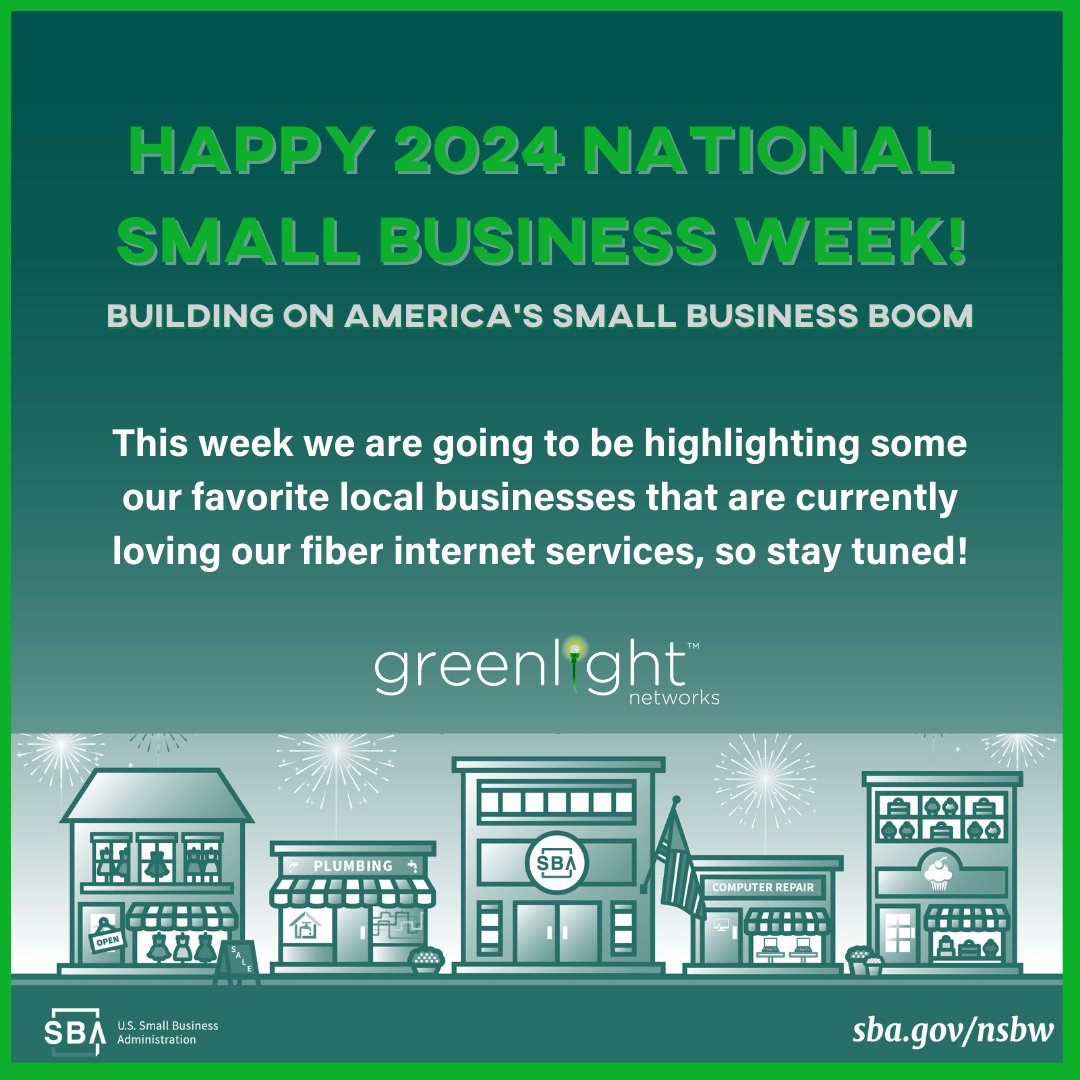 It's #NationalSmallBusinessWeek! We have amazing owners who make our communities vibrant and unique. We are going to showcase some of our favorite local businesses that are using our service, so stay tuned for more! #GreenlightNetworks #FiberInternet #ShopSmall #ShopLocal