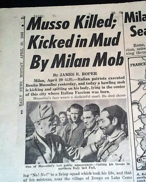 🏴Hoje: 28 de abril.

Fazem 79 anos que o ditador fascista, Benito Mussolini, foi executado por tropas comunistas italianas. Os corpos de Mussolini, Petacci (amante) e de outros membros do partido foram levados para a praça Piazzale Loreto (Milão), pendurados numa viga de metal.