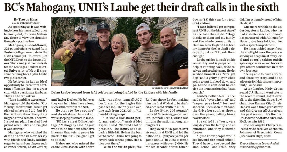 In today’s Globe: BC’s Mahogany, UNH’s Laube get their draft calls in the sixth