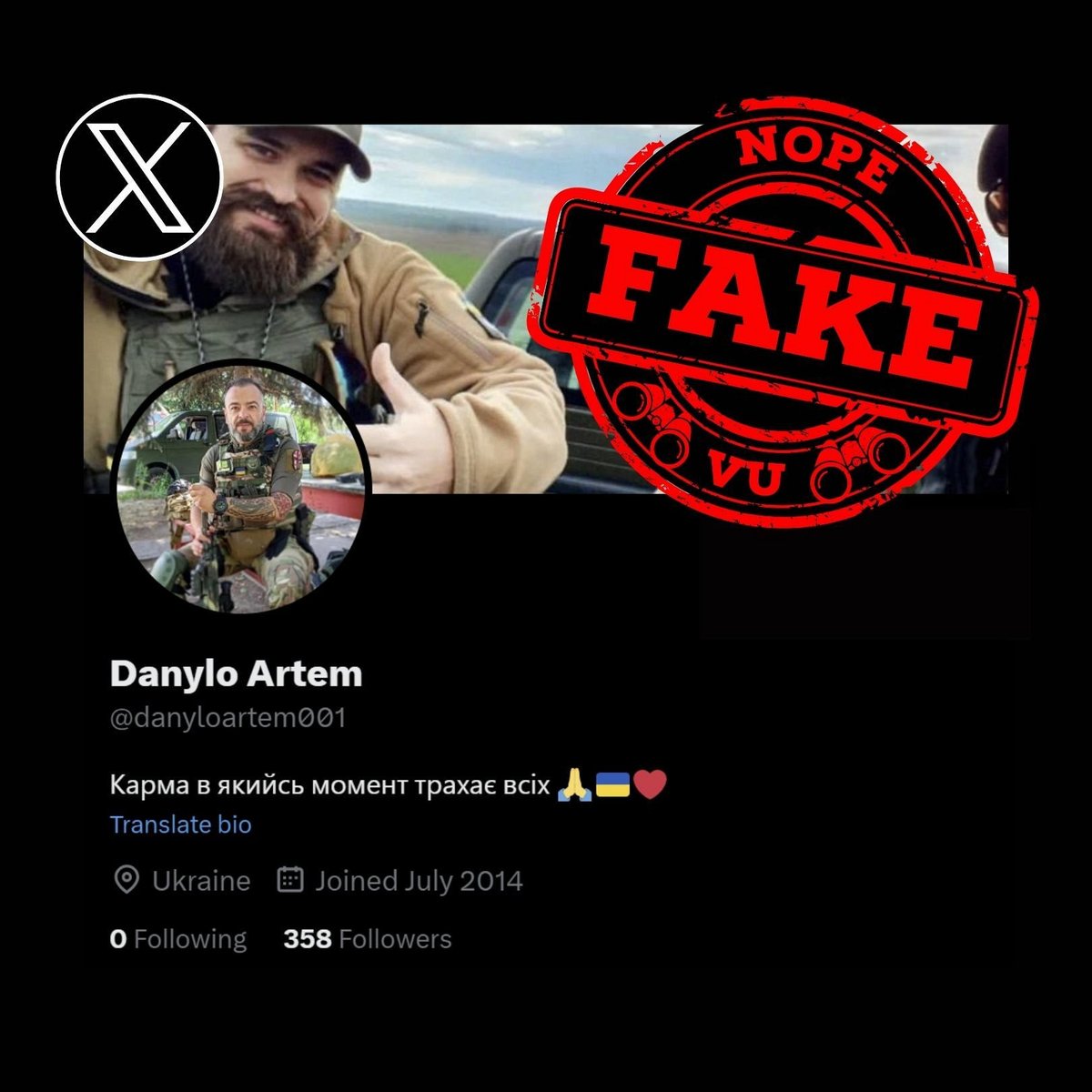 #vu #scamalert #xscam

❌FAKE SOLDIER:
Danylo Artem
aka danyloartem001
x.com/danyloartem001
ID link: twitter.com/i/user/2654413…
ID: 2654413928
 
⚠️ IMPERSONATING ✅A REAL SOLDIER

@Xsecurity @Support @Safety