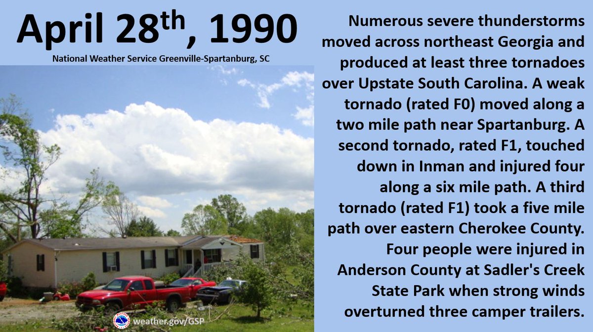 ON THIS DATE, 34 YEARS AGO: Numerous severe thunderstorms moved across northeast Georgia and produced at least three tornadoes over Upstate South Carolina. #scwx #gawx