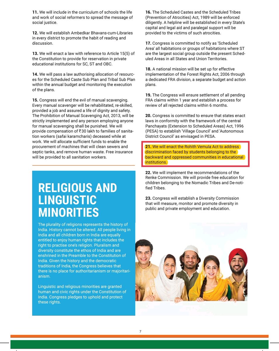 ✅ 16. Rohith Vemula Act

📃 #CongressManifesto: Enact Rohith Vemula Act. Address #discrimination faced by students in educational institutions.

📢 #CasteCentre: Promising a separate specialised statute is good. Ensure #criminalisation of hounding of #reserved category students.