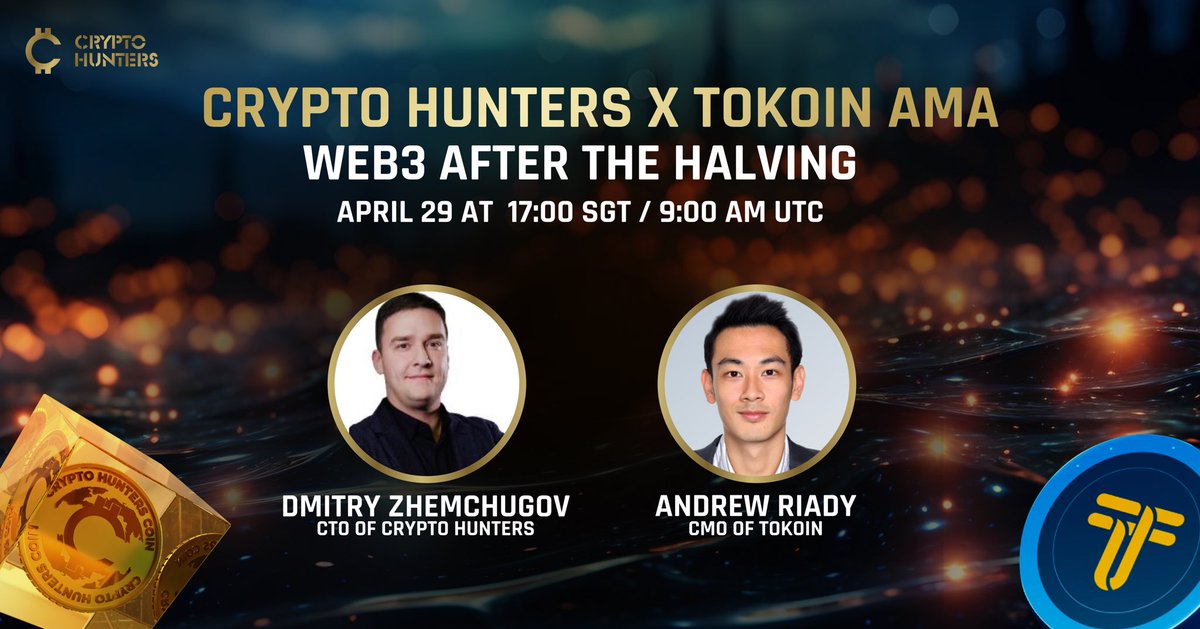 Join our AMA with @TokoinGlobal this Monday! â° 17:00 SGT / 9:00 AM UTC Guests: @andrewriady - CMO, Tokoin @Dima_Saint - CTO, Crypto Hunters Topic: The Future of Web3 After Halving Link: twitter.com/i/spaces/1gqGv… Plus, 4 lucky winners will win $100 in $TOKO & $100 in $CRH!…