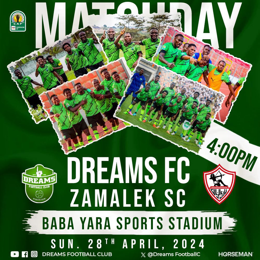 🚨 MATCH DAY ⚽️

#CAFConfederationCup semis 2nd leg:

🇬🇭Dreams Football Club are on the verge of history as they take on Zamalek SC 🇪🇬 in Kumasi at the Baba Yara Sports Stadium 🏟️ 

#GuideSports #CAFConfederationCup #DreamsFC