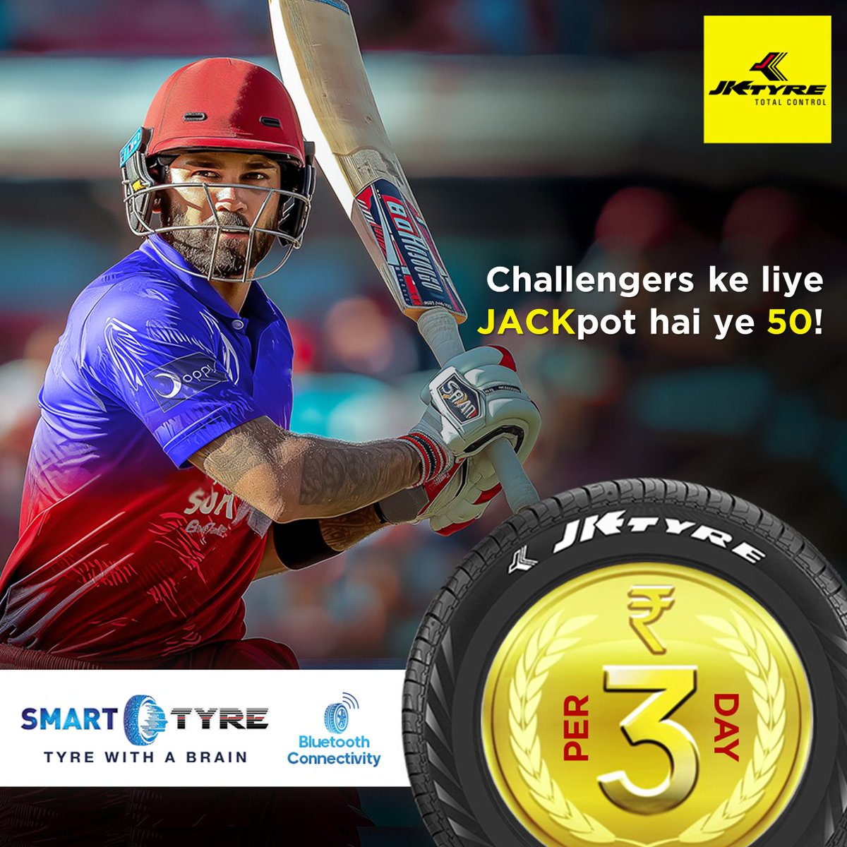 Another smart performance to take Challengers closer to the win, just like #TyreWithABrain Check out #SmartTyre from JK Tyre at ₹3/day to connect via Bluetooth and get tyre health updates in real-time. #JKTyre #IndianT20League #Gujarat #Bengaluru