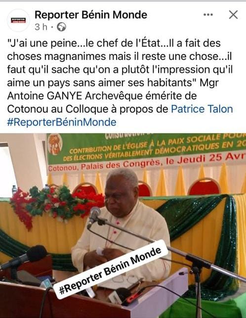 Chères toutes et chers tous, Nous vous invitons à découvrir une profonde citation de l’Archevêque émérite, Mgr Antoine Ganyé, prononcée lors du colloque organisé par l’Église catholique sur le vivre ensemble au Bénin, ce 25 avril 2024. Thème « Contribution de l’#Eglise à la paix…