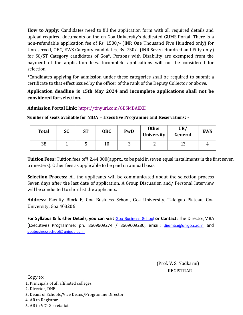 MBA (EXECUTIVE) ADMISSIONS 2024-25 Click here to apply: admissionportal.unigoa.ac.in/admissionporta… Admission Notification (details attached) The last date to submit applications is May 15, 2024.