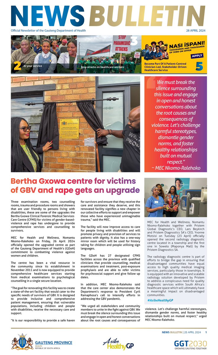 Bertha Gxowa centre for victims of GBV and rape gets an upgrade Get this story and more on this week’s issue of the Gauteng Department of Health News Bulletin. Click here to download: publuu.com/flip-book/4342… #AsibeHealthyGP #IServeWithASmile