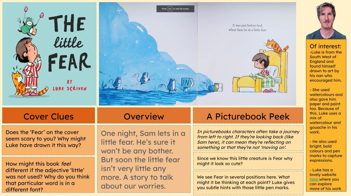 Here's another addition to my @KlausFluggePr interactive powerpoint to share with children. This time, I invite us to look at and consider #LukeScriven 'Little Fear' @HarperCollinsCh