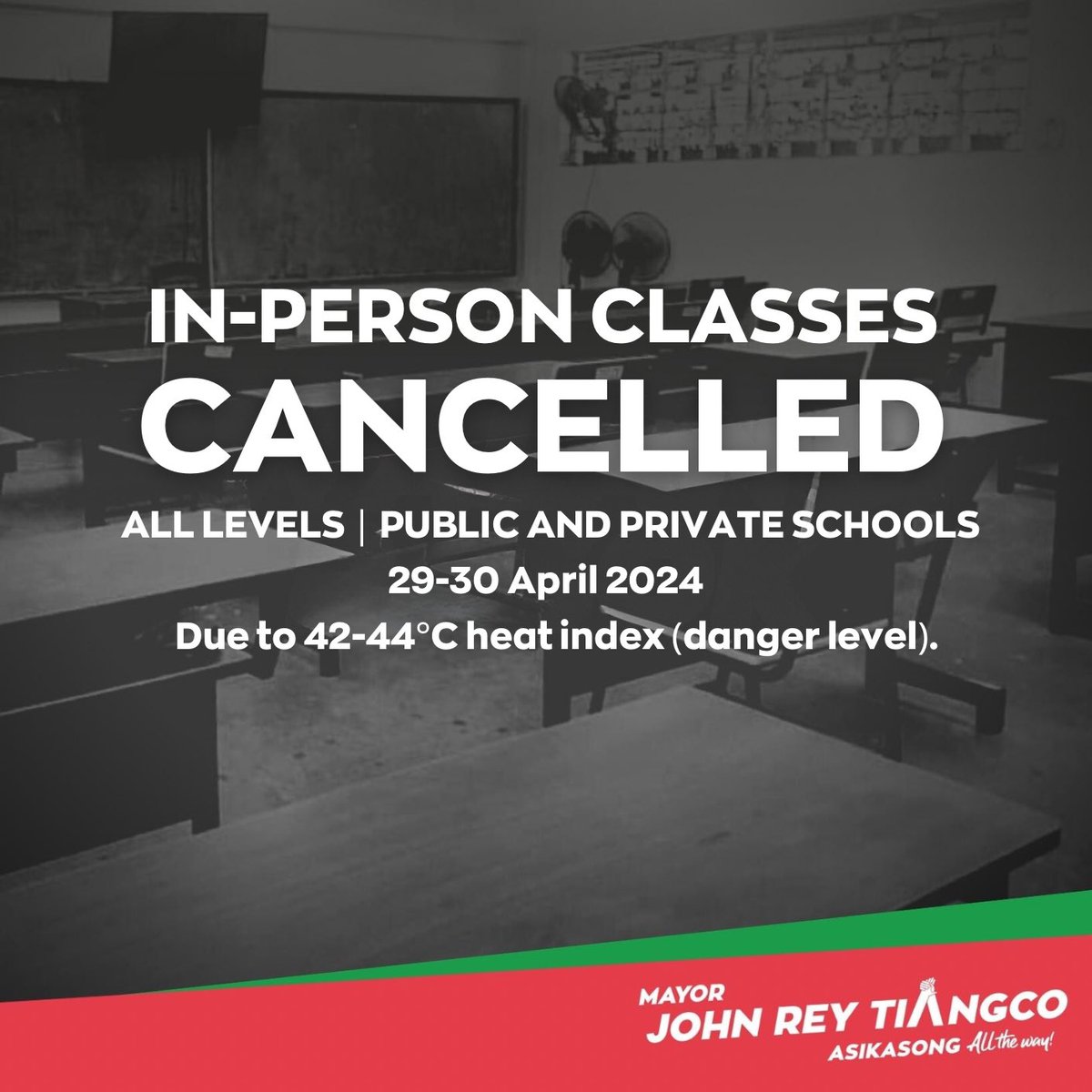 Aabot sa 42-44°C ang heat index sa April 29-30, 2024. Kaugnay nito at ng naunang anunsyo ng DepEd, nirekomenda ng ating DRRMO na kanselahin ang in-person classes sa lahat ng antas ng mga public at private schools sa ating lungsod sa nabanggit na mga araw. - Mayor John Rey Tiangco