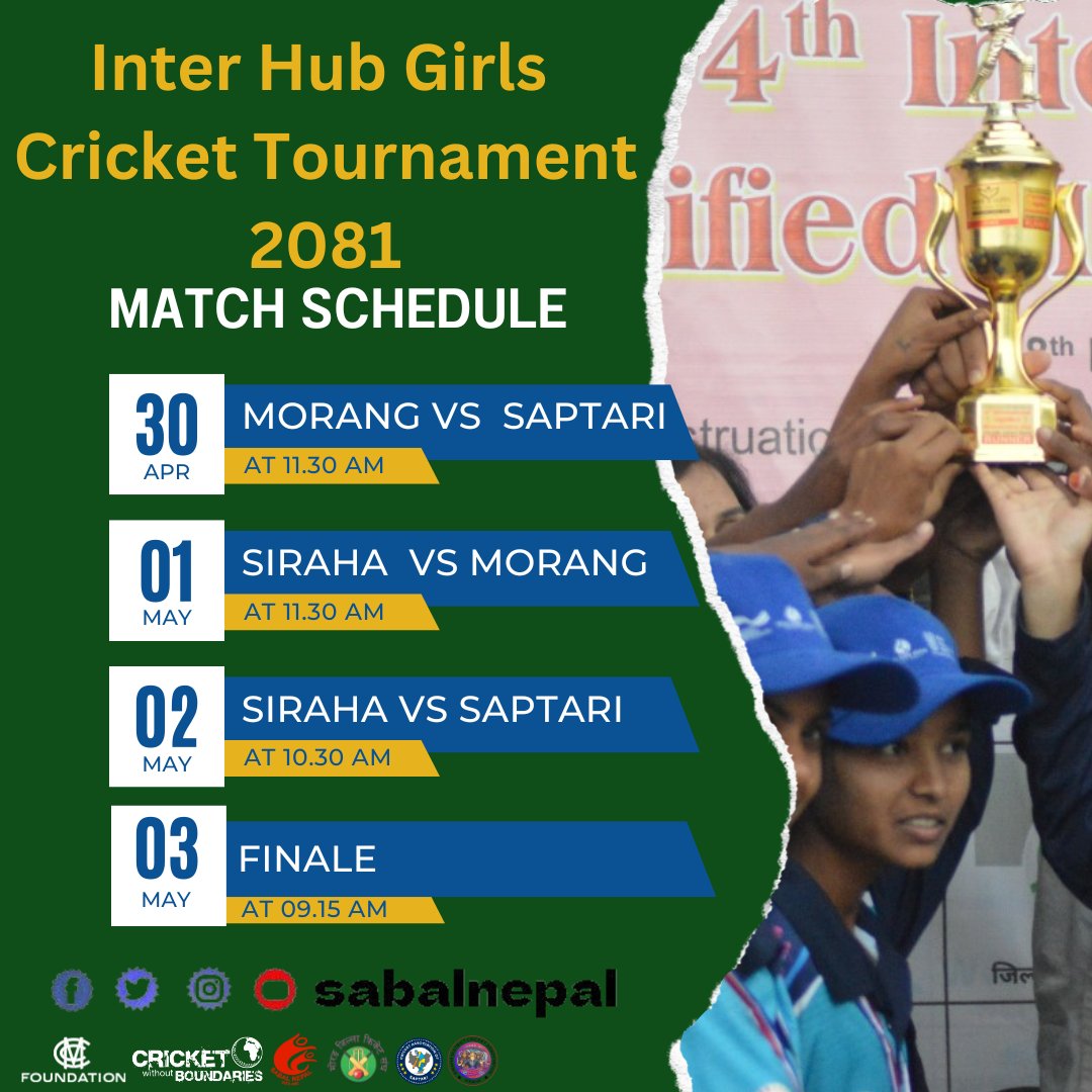 Schedule for the Inter hub Girls Cricket Tournament 2081

#cricketforequality

@_MCCFoundation @CWBglobal
@madheshcricket  @CricketSaptari