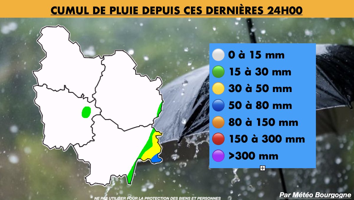 🟨⌈#VigilanceJaune⌋➡️#Pluie et #Inondation ☔️

Depuis 24h00, les cumuls de pluie🌧️ sont parfois important notamment en Bresse Bourguignonne (71) avec plus de 🔵50 mm dans le secteur de Cuisseaux (71).

⚠️En soirée, la perturbation devrait glisser à l’ouest de la Bourgogne…