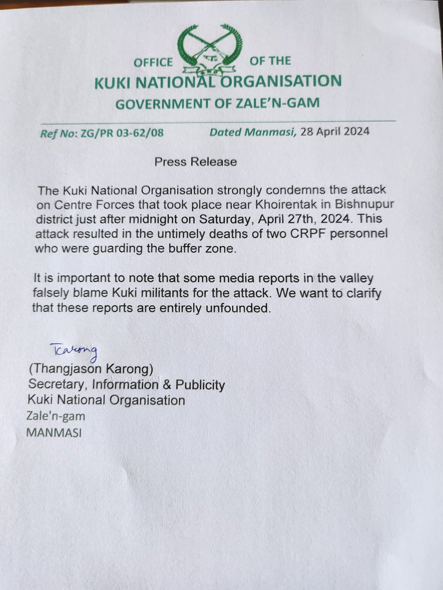 Manipur Kuki National Organisation condemns the attack on CRPF and valley-based press for unfounded news report on targeting Kuki militants. #ManipurViolence @Spearcorps @crpfindia @BSF_India @PIBHomeAffairs @afridahussai @vijaita @aliyaqut @nistula @ANI @PTI_News @NIA_India…
