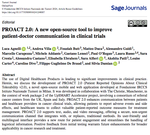 💥ONLINE | #PROACT 2.0: A new open-source tool to improve patient-doctor communication in #clinicaltrials
👇
A novel open-source mobile and web application 📶developed at @IstTumori & @TheChristieManc

🔗journals.sagepub.com/doi/10.1177/03…

#DiGiTALhealth