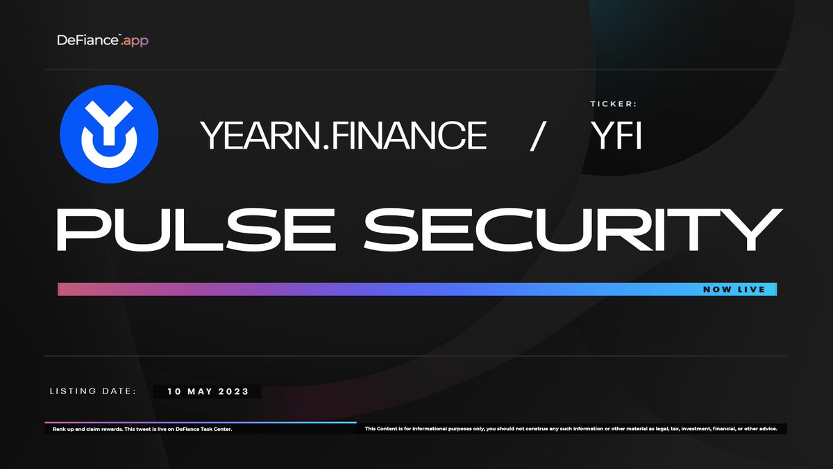 .@yearnfi Pulse Security is now live on DeFiance.app/Pulse/Yearn.Fi… 

#Pulse Security aggregates data and information autonomously researched from different sources by our tier-II ranked DeFiants about the listed protocols on DeFianceApp, highlighting their strengths and weaknesses.