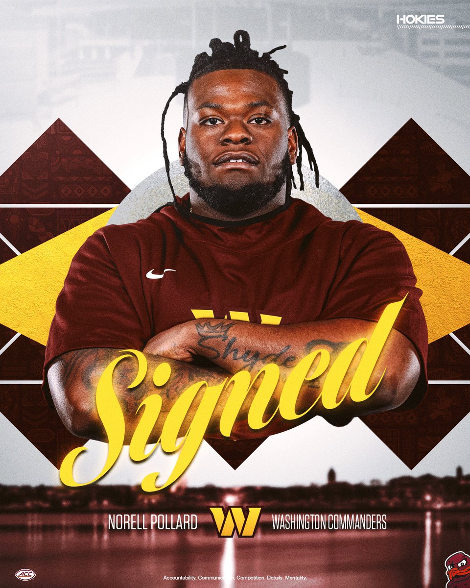 Virginia Tech Football (@hokiesfb) on Twitter photo Sending our guy to D.C. 🫡
Good luck <a href="/rell_honcho/">Norell Pollard</a> ! Can’t wait to see what you do with the <a href="/Commanders/">Washington Commanders</a> ‼️
#ThisIsHome Sending our guy to D.C. 🫡
Good luck <a href="/rell_honcho/">Norell Pollard</a> ! Can’t wait to see what you do with the <a href="/Commanders/">Washington Commanders</a> ‼️
#ThisIsHome