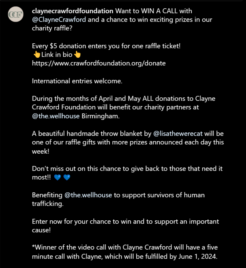 2/2
*Winner of the video call with @ClayneCrawford will have a 5 minute call with him, fulfilled by June 1, 2024.

International entries welcome!

Enter now for your chance to win and to support an important cause💙

#NonProfitCharity #stoptrafficking #ClayneCrawford #TeamClayne