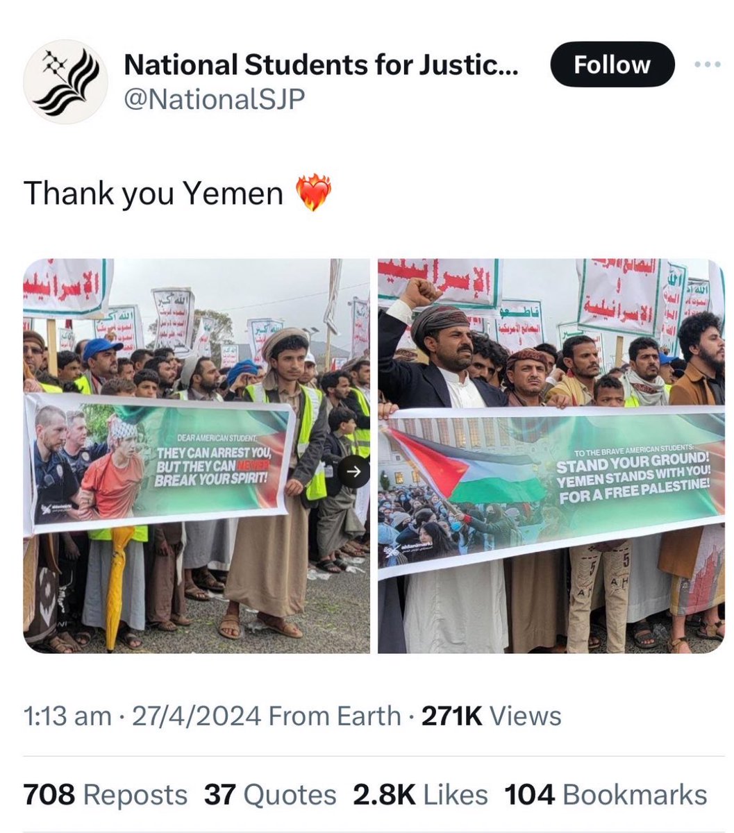 National Students for Justice in Palestine thanks Yemenis standing under Houthi sign which reads: “Allahu Akbar, Death to America, Death to Israel, Cursed be the Jews, Victory to Islam.”