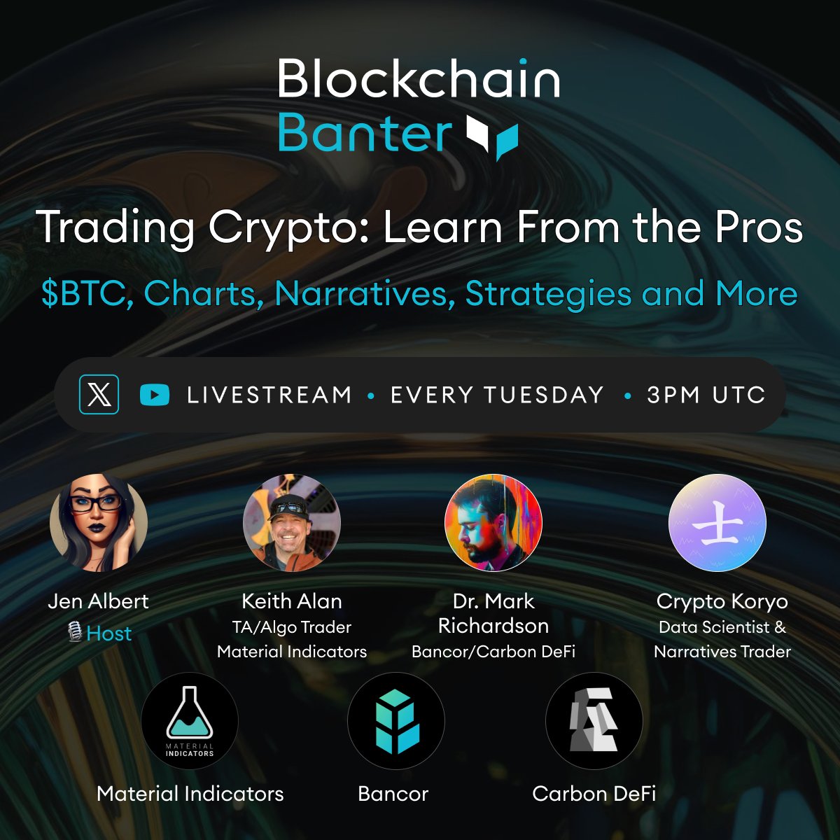 Let's master the art of trading crypto and conquer the market together 🤝 Don't miss the Live Stream with @KAProductions of @MI_Algos, @MBRichardson87 of @Bancor and @CarbonDeFixyz, and @CryptoKoryo every Tuesday at 3PM UTC!