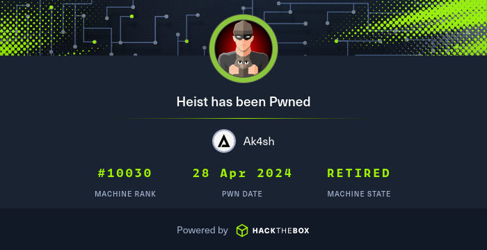 🛡️365 Days of Hacking🛡️ 🔒 Day [119] 🧩 Machine: [Heist-HTB] 🌟 Difficulty: [Easy] 🔍 Summary: [Cisco config with password hashes and users on site. One worked for RPC. Users found by SID bruting, leading to WinRM session. ProcDump, Dumped Firefox process memory for admin.]