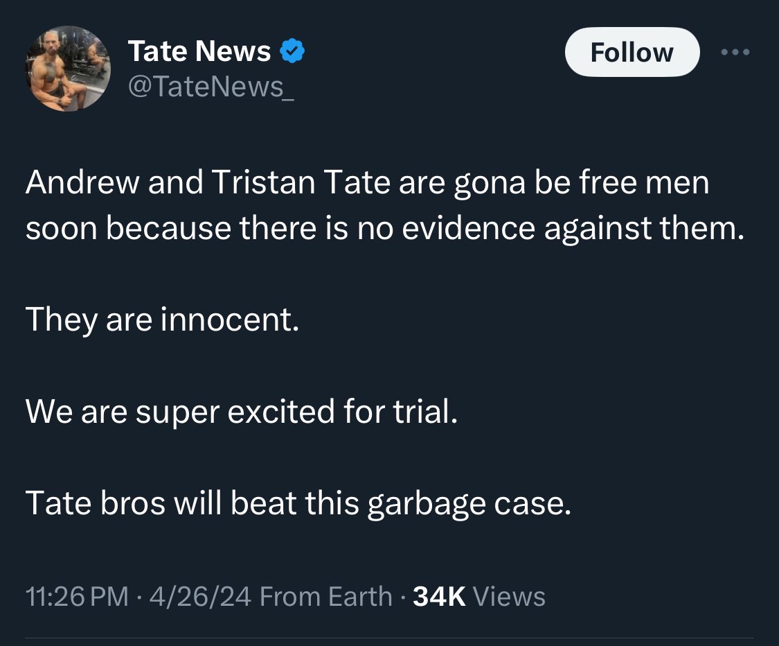 MAKE UP YOUR MIND, ONE MINUTE YOUR EXCITED THE NEXT YOUR APPEALING 🤔🥴🤣

All I'm reading is pure panic and delusion

Like I said, the chance of acquittal is virtually zero 

What's that quote from Tate,oh yeah 

'THERE WAS TEARS RUNNING DOWN MY BUT FACE I WASN'T CRYING' 🤣🤣⚖️