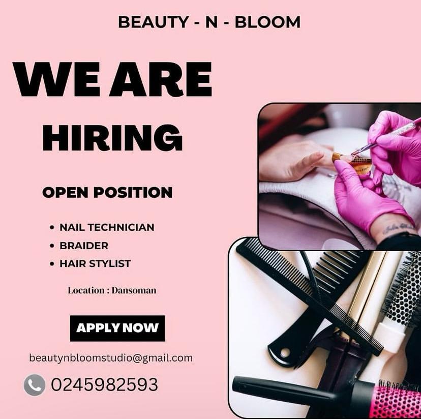 APPLY NOW beautynbloomstudio@gmail.com For enquiries, call 0245982593