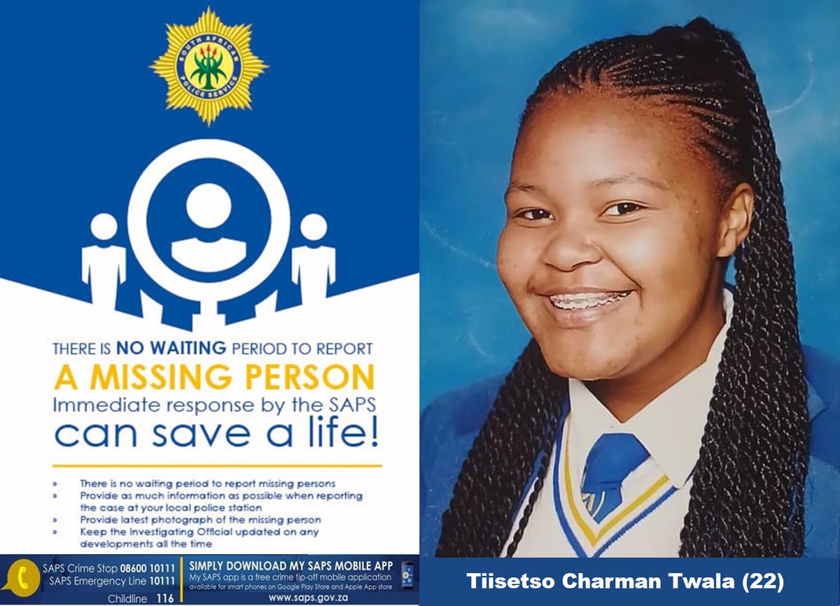 RT #sapsFS #SAPS Bohlokong seek help reuniting Tiisetso Twala (22), with her family. She was reportedly last seen on 24/02. Her father reported her #missing on 28/04. Info->D/Capt Tshabalala 082 453 0794 #CrimeStop #MySAPSApp ME
saps.gov.za/newsroom/msspe…