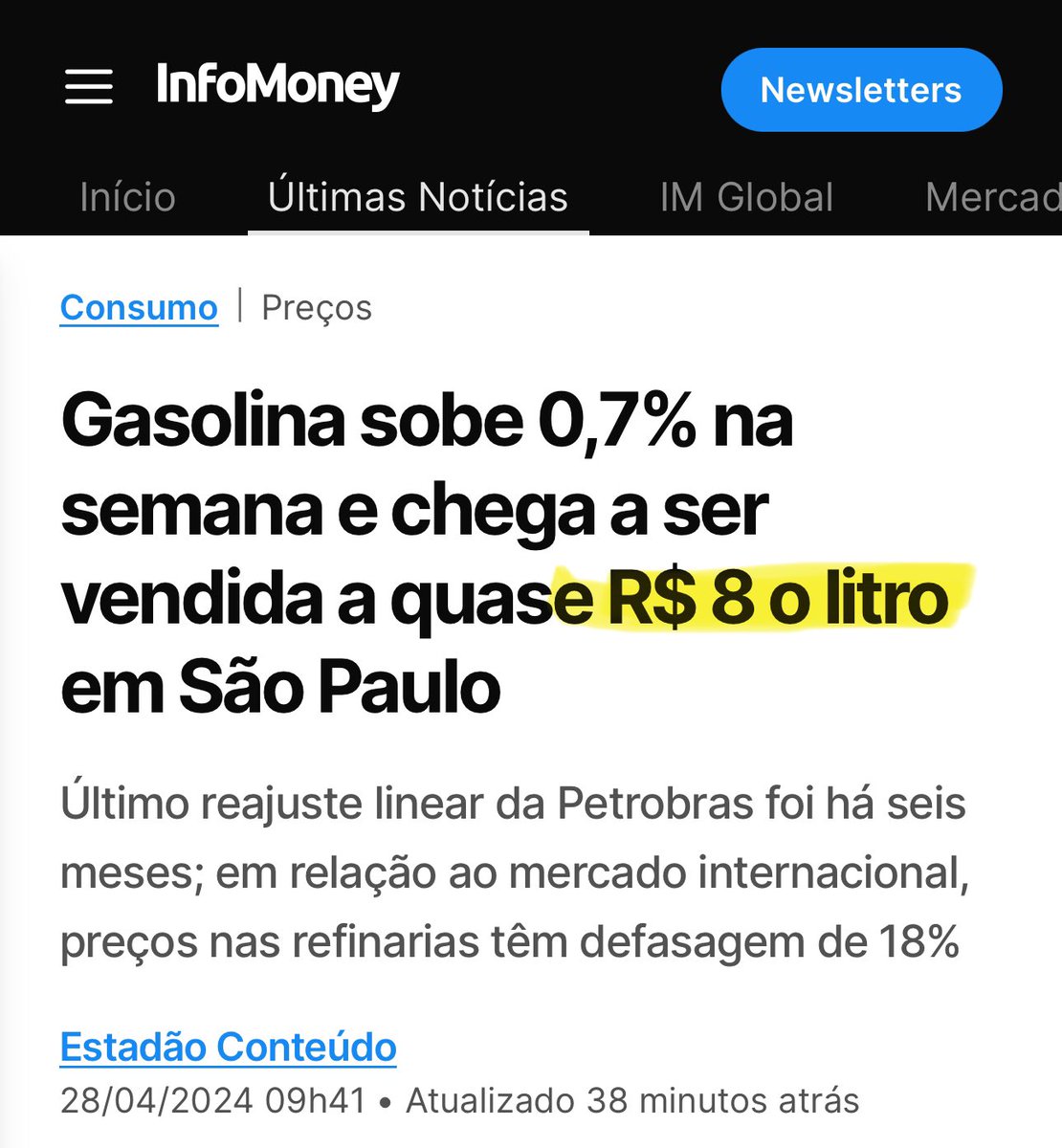 Gasolina de pandemia, sem pandemia e com petróleo bem abaixo do preço da pandemia.

Ah! E com Petrobras ainda segurando o preço.

KKKKKKKKKKKKKKKKKKKKKKKK
