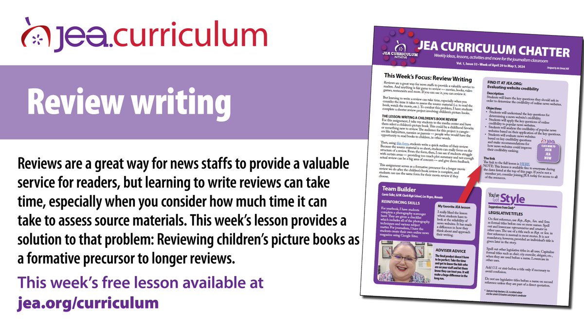 Curriculum focus April 29 to May 5: Review writing. Trying to teach review writing format without spending too much time assessing source materials? Consider reviewing children’s picture books as a formative precursor to longer reviews. Get the details at: jea.org/curriculum