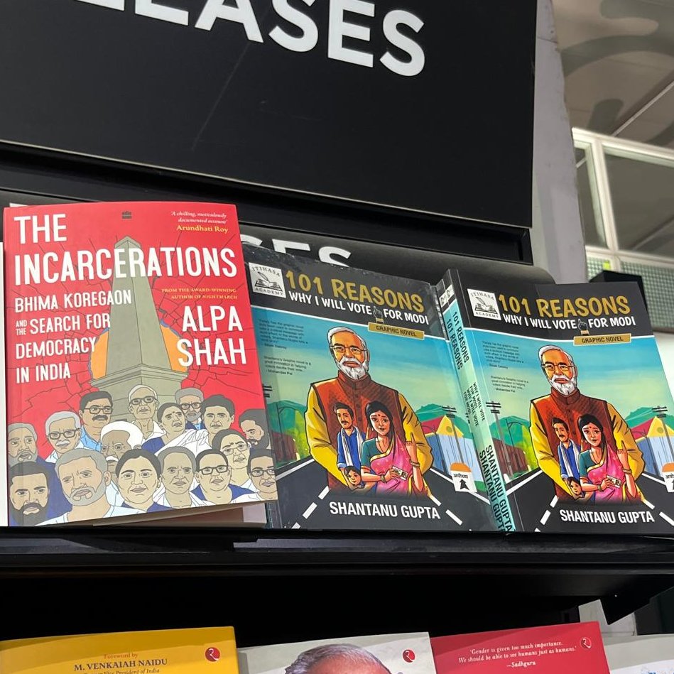Joys of writing: when friends send you pics of your books in stores on the other side of the world! None beats this one👇from Calcutta Airport 'New Releases' where #TheIncarcerations is placed next to '101 Reasons I will Vote for Modi'. Democratic values will flourish again!