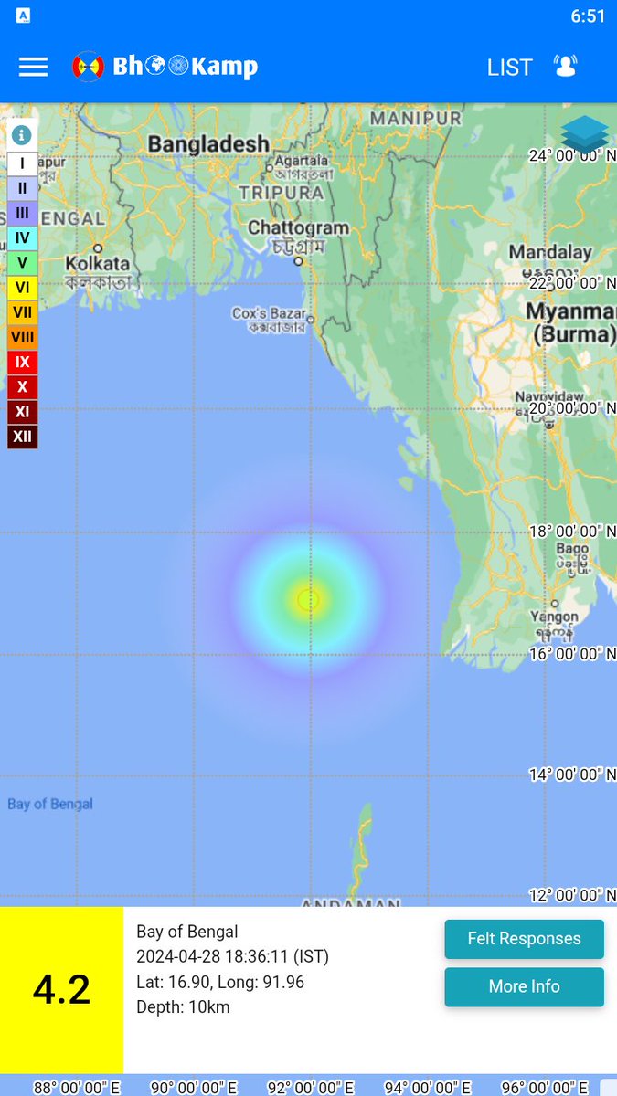 Earthquake of Magnitude:4.2, Occurred on 28-04-2024, 18:36:11 IST, Lat: 16.90 & Long: 91.96, Depth: 10 Km ,Location: Bay of Bengal, for more information Download the BhooKamp App riseq.seismo.gov.in/riseq/Interact… @KirenRijiju @Dr_Mishra1966 @ndmaindia @Indiametdept