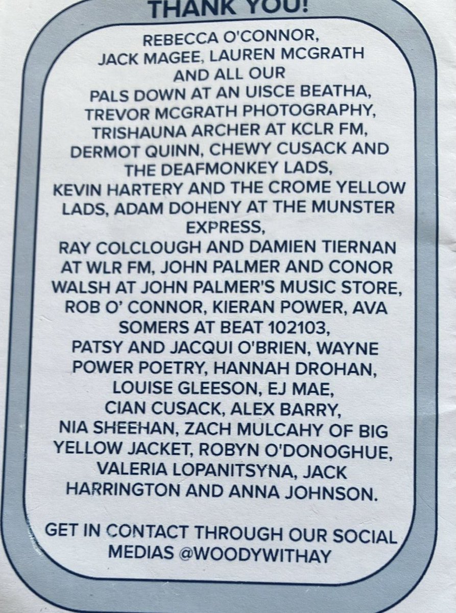 Well done to @woodywithay on the release of their album. A Super good band and an even nicer group of lads.

Honoured to be listed on their thank you list with @CromeYellowBand and @munsterexpress.

Woody’s new album is available now!