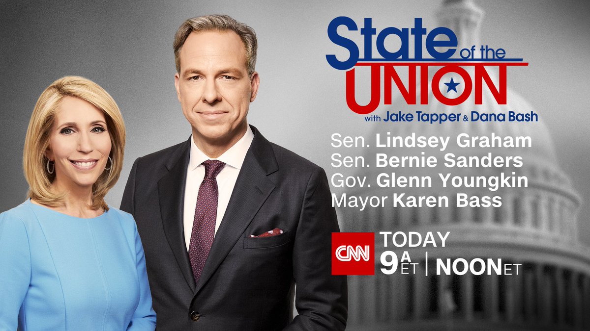 TODAY on #CNNSOTU w/ @DanaBashCNN at 12p ET | 9a PT: ➡ @LindseyGrahamSC ➡ @SenSanders ➡ @MayorOfLA ➡ @GovernorVA ➡ PANEL: @DavidJUrban, @AnaNavarro, @SECupp & @RepJasmine Tune in: @CNN, @cnni, @StreamOnMax, @Audacy, @tunein, @SIRIUSXM Ch. 116 & cnn.com/GO