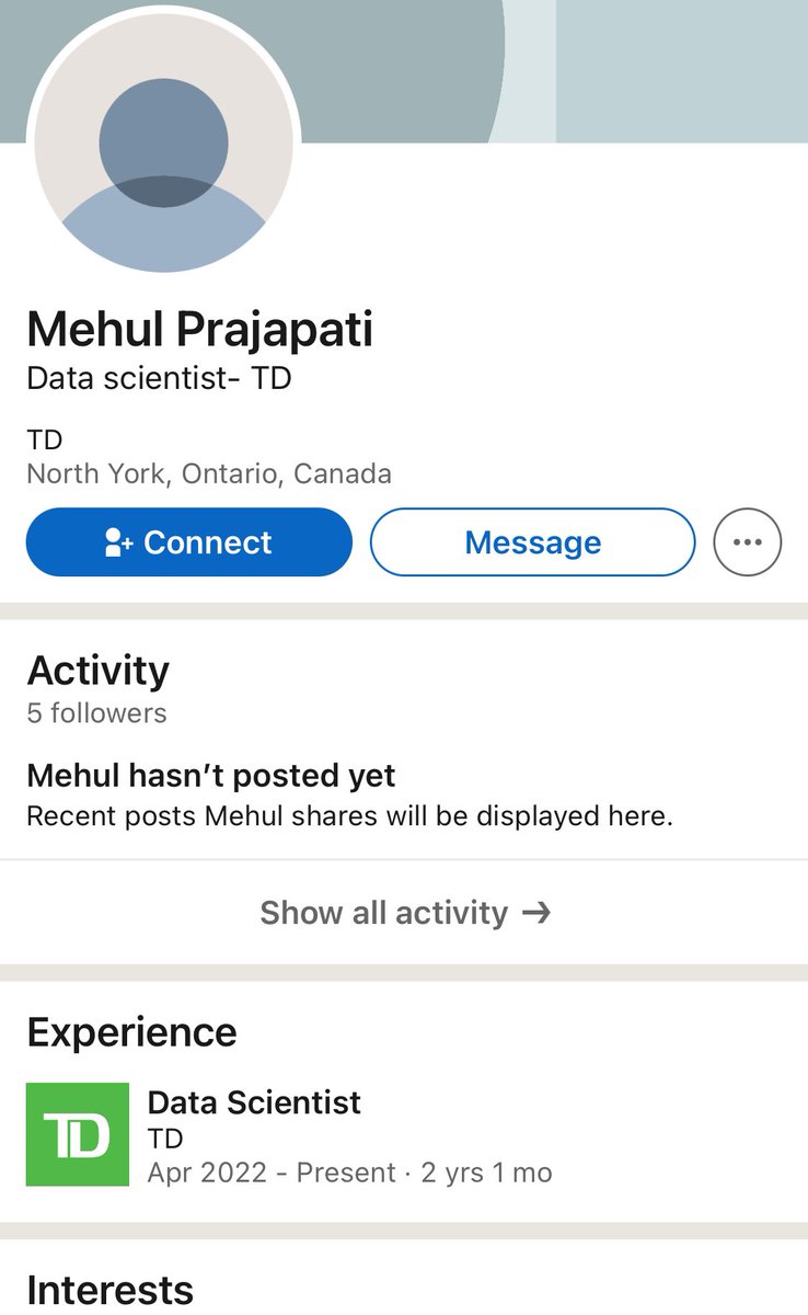 A friend just sent me this screenshot. Mehul Prajapati still has a LinkedIn profile that says he’s a Data Scientist at TD Bank. Those saying he doesn’t work there should question his ethics and integrity. 

#MehulPrajapati #cdnimm #internationalstudents #newcomerstocanada