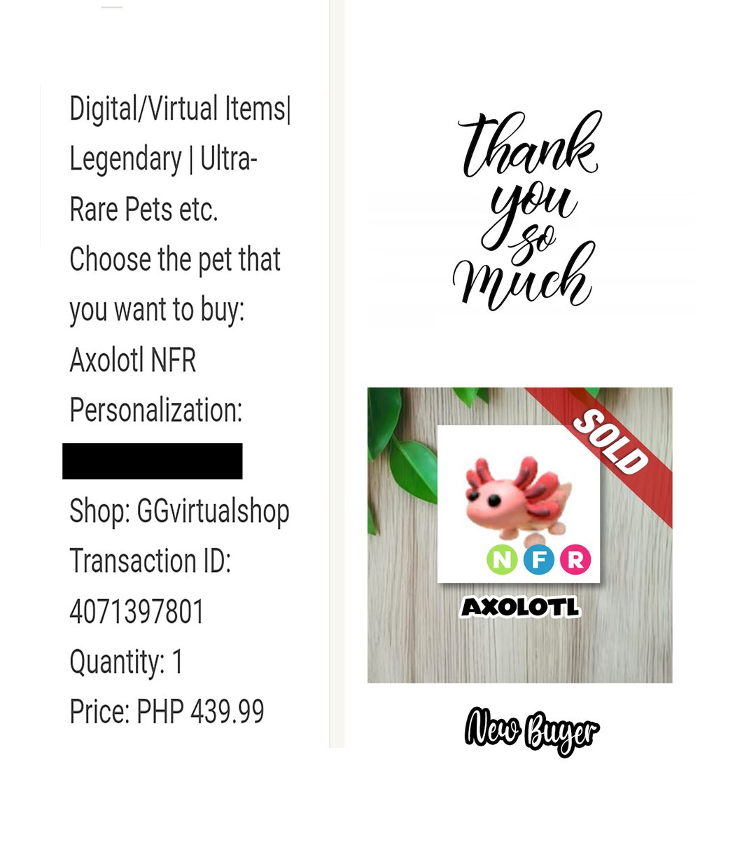4⃣0⃣ NFR Axolotl was SOLD to our NEW BUYER thank you so much for trusting & ordering to our shop😇

#adoptme #adoptmepets #Adoptmetrades #adoptmetrading #adoptmeoffer #adoptmegiveaways #adoptmegw #roblox #robloxadoptme #adoptmeshop #adoptmeseller #trustedshop #ggvirtualshop