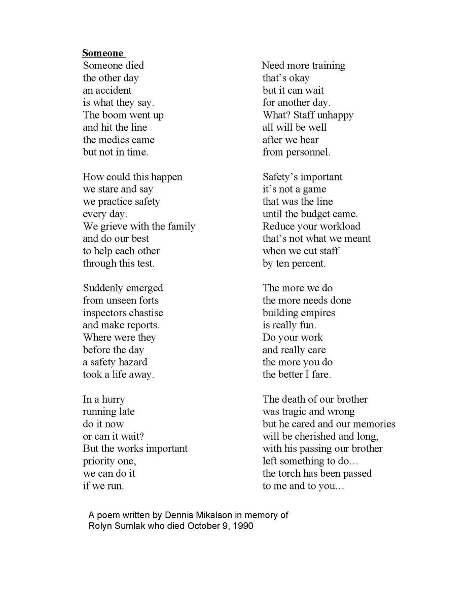 Today is the National Day of Mourning, when we honour the workers who have died as a result of their job.

To commemorate this year’s Day of Mourning, I’m sharing this poem, with permission, that honours a Lethbridge worker who died on the job in 1990.