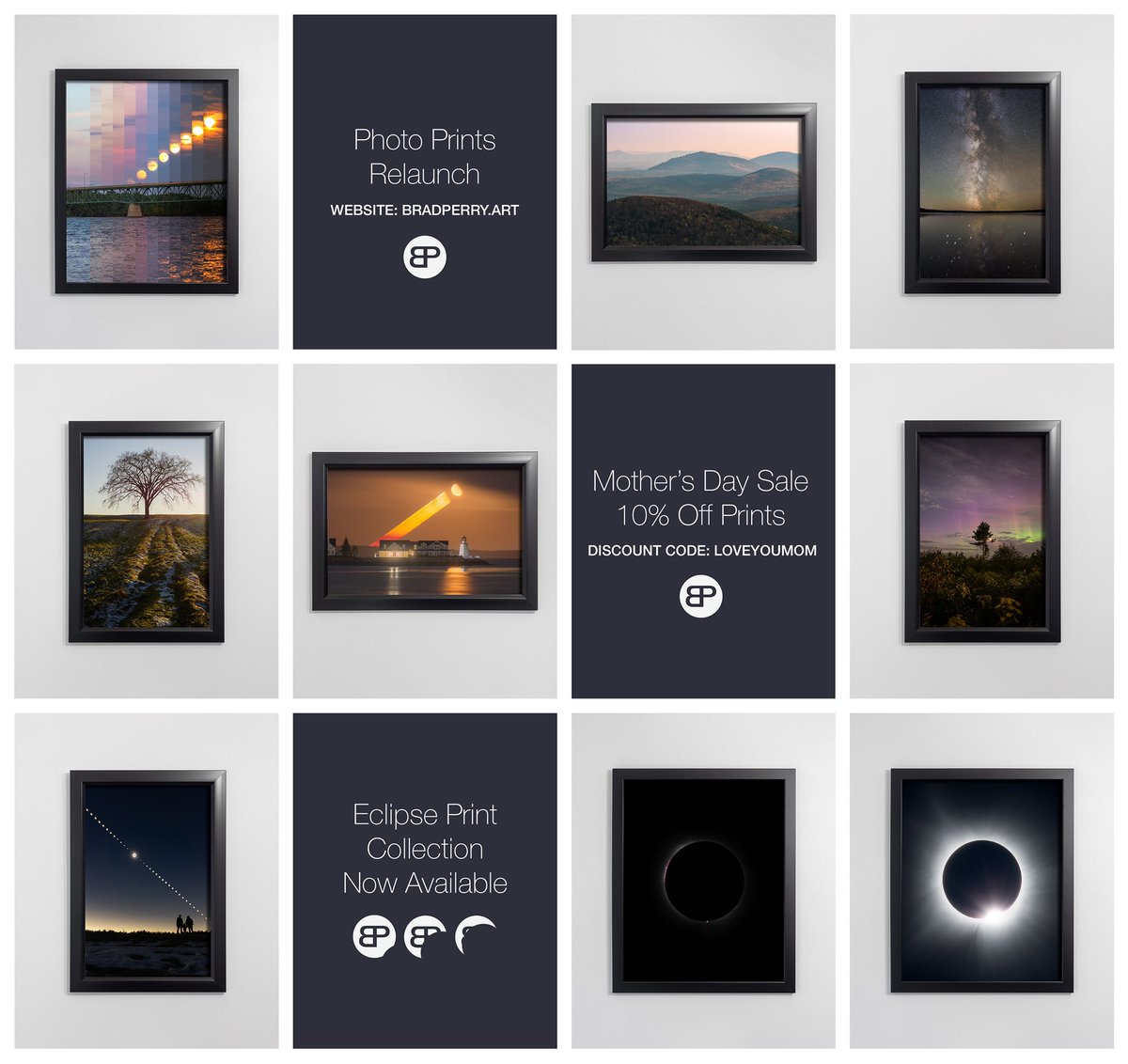 Happy Sunday. For those who have asked about photo prints recently, I’ve given my web store a little tune up. 🌑 Eclipse photo prints added 🌒 10% off sale for Mother’s Day 🌓 New FREE phone backgrounds 🌔 bradperry.art Buy your mom/wife/friend/self something!