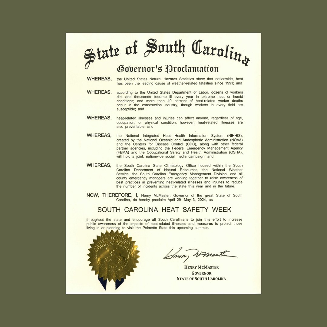 Governor McMaster has declared April 29th - May 3rd at Heat Safety Week in South Carolina ☀️

Keep an eye out this week as we highlight some heat safety tips to consider while hunting, fishing, boating, and hiking in South Carolina

#scdnr #heatsafetyweek
