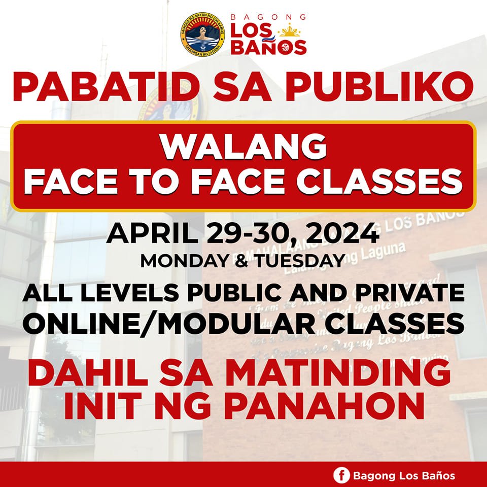 FLASH REPORT: Walang face-to-face classes sa lahat ng antas sa mga pampubliko at pribadong paaralan sa Los Baños, Laguna sa 29-30 Abril 2024 dahil pa rin sa inaasahang matinding init ng panahon.

Photo: Bagong Los Baños/FB

#DZLBNews
#RadyoDZLB