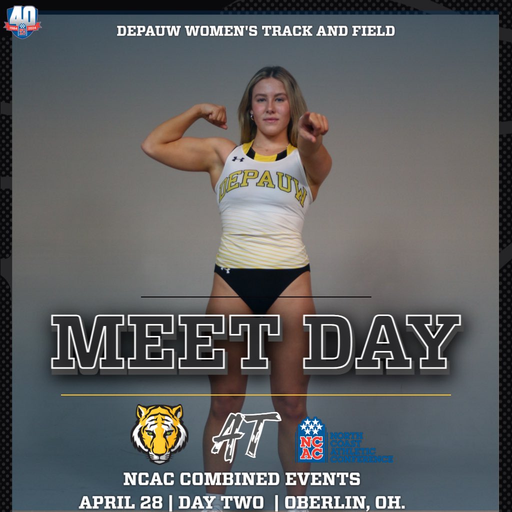 Tigers on the road! 🎽 Daniel Jansen, Allison Koehler, & Katie Moore of the @DePauwXCTF teams are competing in day 2 of the @NCAC Outdoor Track & Field Combined Events Championships today! 📈 tinyurl.com/bdvuxjuf 💻 tinyurl.com/ys8d6a2f #TeamDePauw #d3tf 1/3