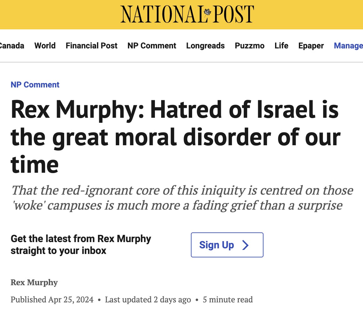 In actual fact, the 'great moral disorder' of our time is the corporate media. In Canada, no one exhibits this moral disorder more than the National Post and Rex Murphy. #cdnpoli #gaza #genocide @nationalpost