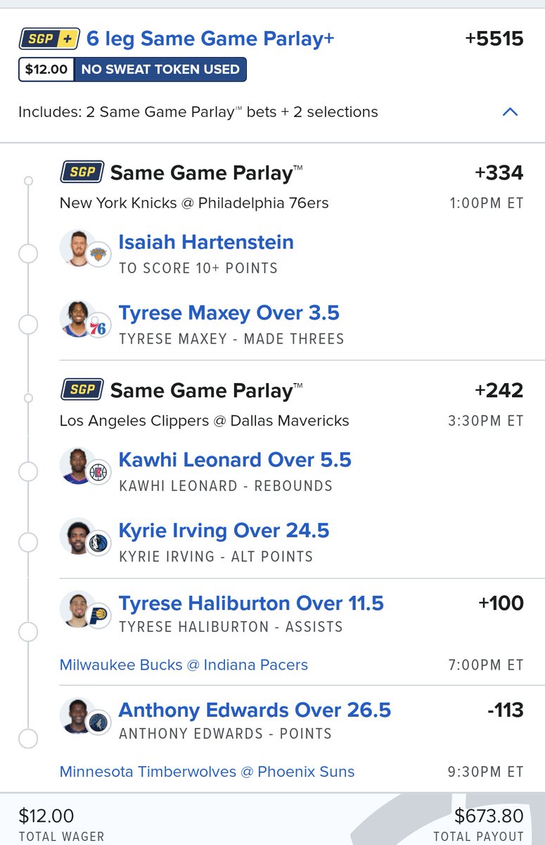 🚨 Sunday NBA playoffs 🏀 🚨
Let's try & take this no sweat parlay through the day🤞🏼 
Play your faves solo, make your own or tail. Be responsible about it.
#gamblingX #nbaprops #nbabets #nbaparlay #basketballparlay  #samegameparlay #nosweatbet #fanduel #phillybetbros