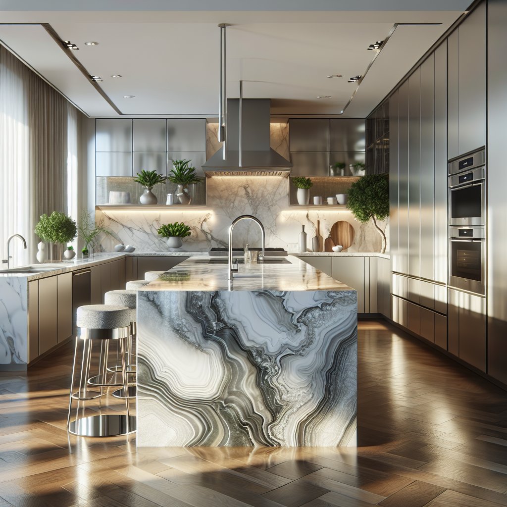 Experience elegance with our Quartz Waterfall Countertop. Let Countertops & More turn your kitchen island into a work of art. #QuartzWaterfall #InteriorDesign 🌊🏡✨