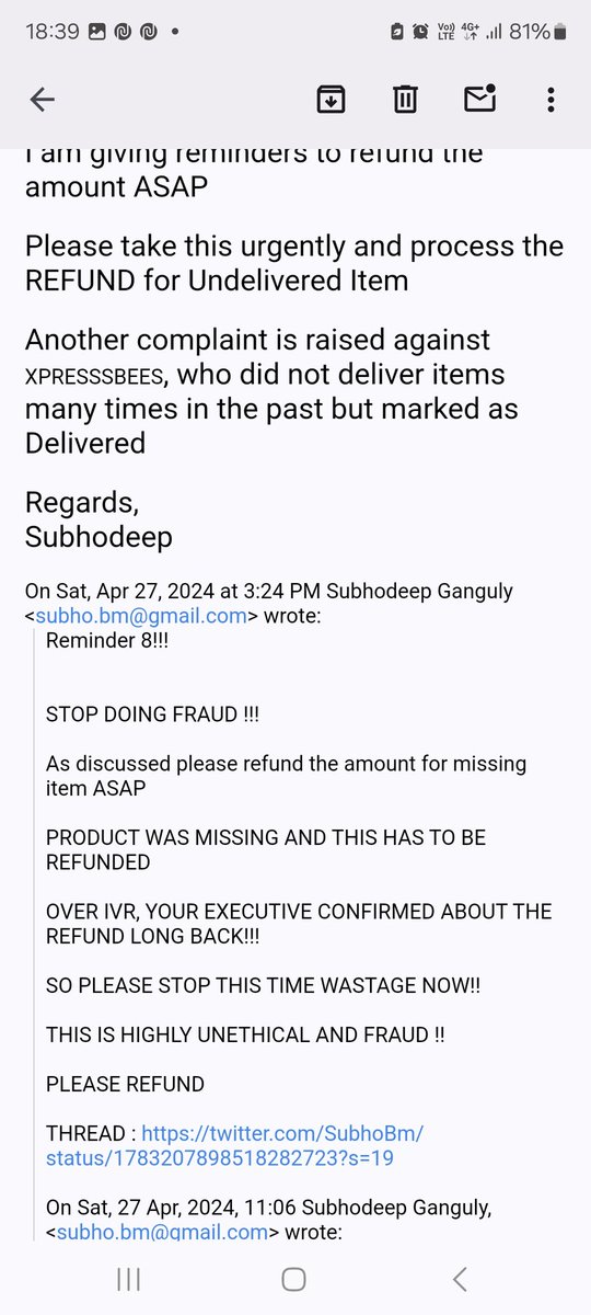@firstcryindia @XpressBees_IN @SupamMaheshwari
@jagograhakjago
ConsumerGrievance Complaint Please note I have escalated this matter for PARTIAL DELIVERY OF ITEM AND THERE ARE 5 REMINDERS SENT IN THIS
OVER IVR , YOUR CS EXECUTIVE CONFIRMED TO PROCESS THE REFUND.
Pls refund now