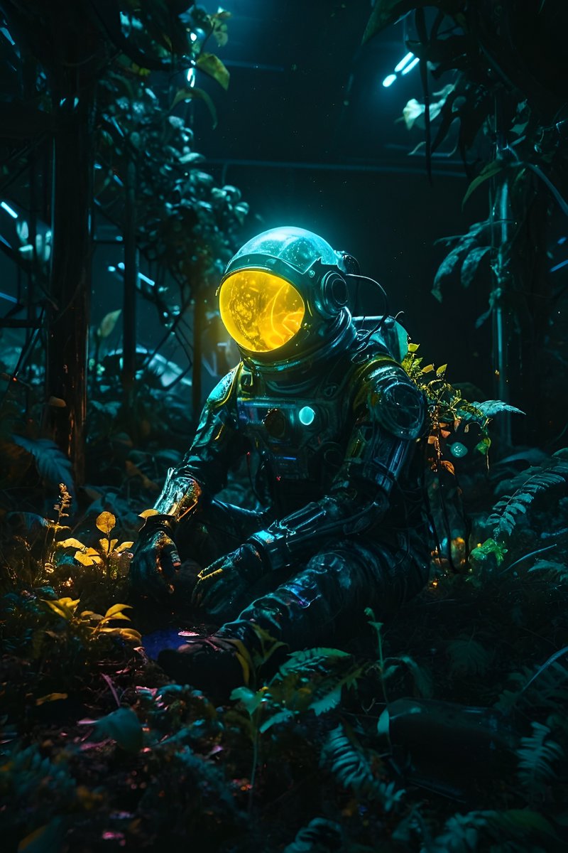 WizardPrompter's tweet image. In night&apos;s garden, astronaut reflects on time&apos;s passage
#AI #AIArt #AIArtwork #Art #DigitalArt