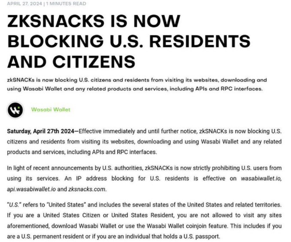 zkSNACKs is prohibiting US citizens from downloading its popular #Bitcoin wallet Wasabi Wallet after the US authorities' crackdown. US citizens have been blocked from visiting the website, and downloading or using the wallet. After MetaMask, it's Wasabi now. The US is…