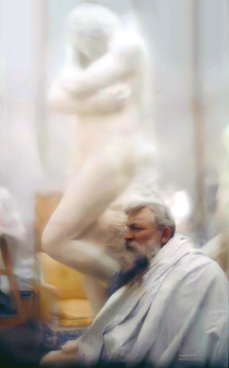 A rare colour photograph of legendary French sculptor Rodin (1840-1917) - famous for 'The Thinker' & 'The Kiss'. He's pictured here 117 years ago with his sculpture 'Eve', taken by Edward Steichen in 1907. It has a beautiful dream-like quality & is original colour, not colourised